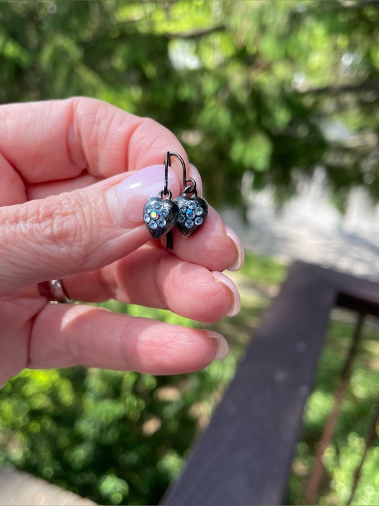 Jewelry - Delicate Heart Dangle Earrings with Sparkling Blue Stones and Gun-metal Finish